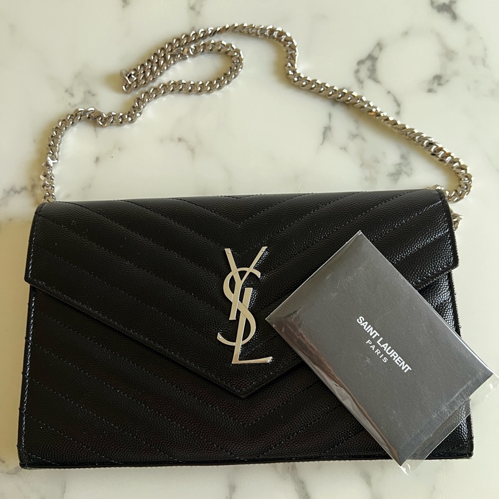 Saint Laurent Black Quilted Leather Envelope Chain Wallet